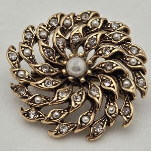 Vintage Gold-Tone Swirl Brooch Faux Pearls & Rhinestones 1950s/60s •